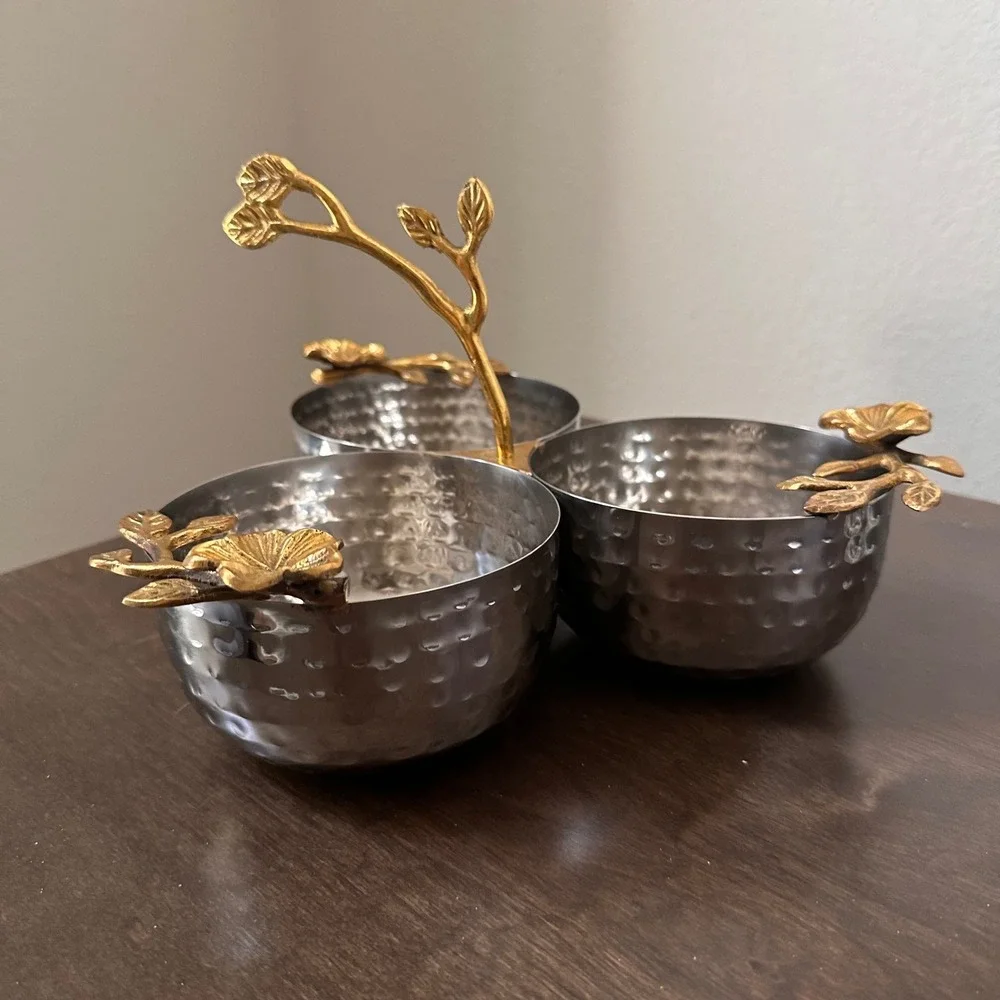 Hammered Stainless Steel 3-Bowl Condiment Server Gold Floral Branch Handle India